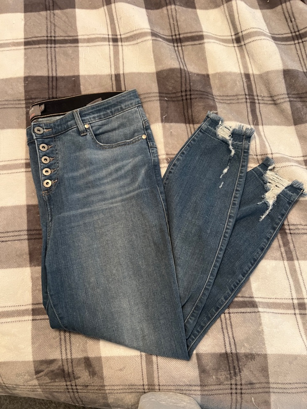 torrid Distressed Mid-Blue High-Rise Skinny Jeans with Button-Fly